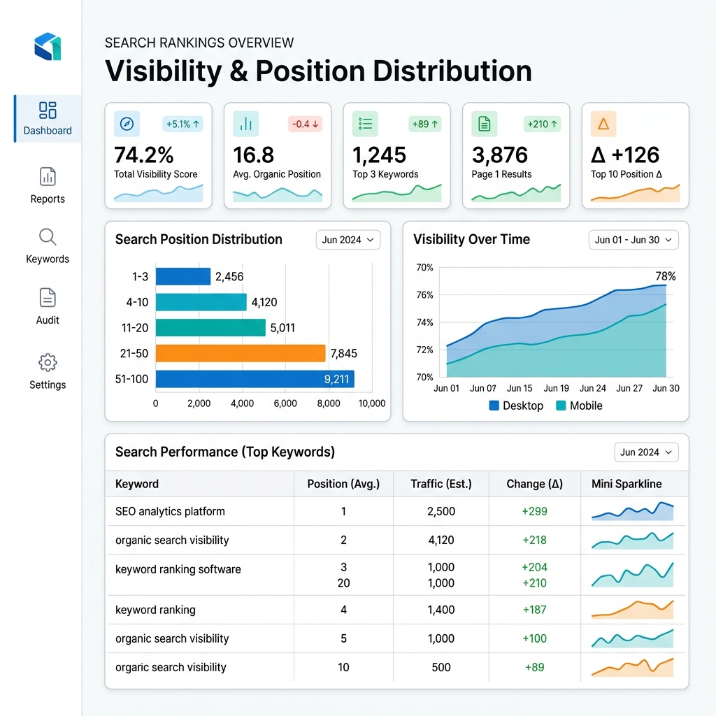 Search Rankings (Visibility & Position Distribution)